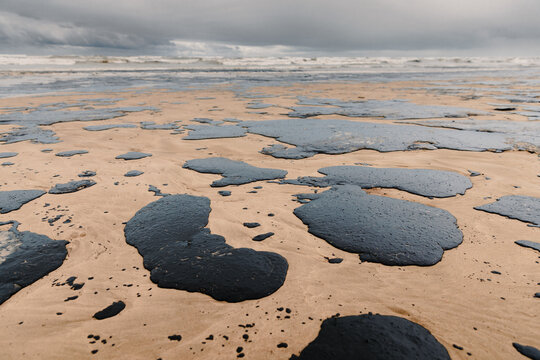 Oil pollution covering a sandy coastline, showing environmental damage after a fuel spill