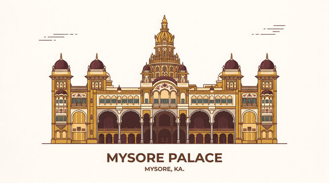 Mysore palace flat vector illustration with golden facade maroon dome and clean typography on minimal cream background