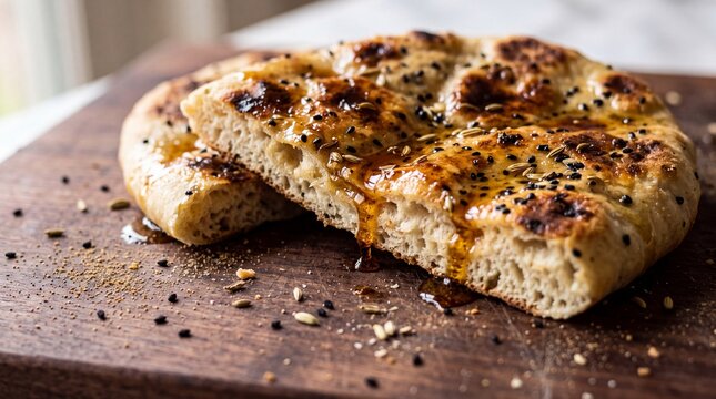 Sweet traditional flatbread pide with honey dripping and sesame seeds on wooden cutting board, generative AI