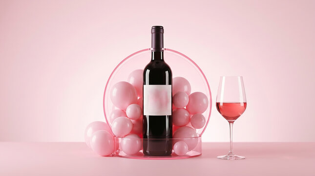 Elegant still life featuring a dark glass wine bottle and a filled glass on a soft pink background with pebbles