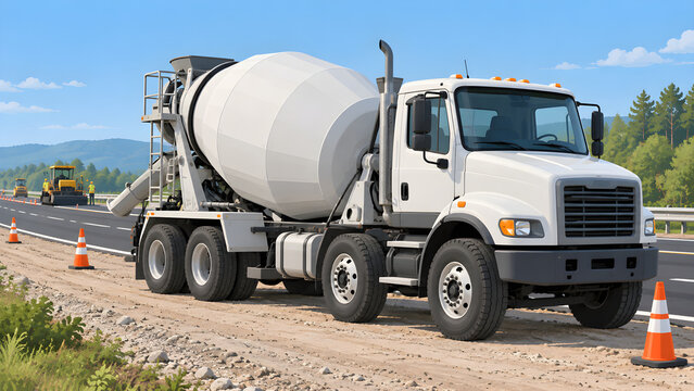 White concrete mixer truck parked on a construction site near a highway road paving project