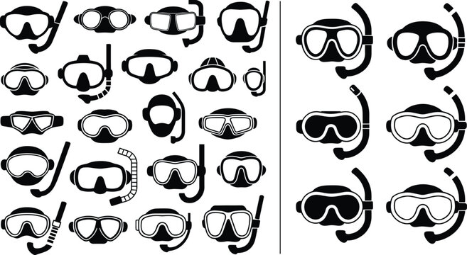 Scuba diving mask and snorkel vector icon set featuring underwater swimming goggles sea diving equipment isolated on white background   