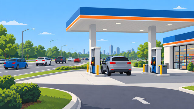 Modern gas station beside a busy highway with cars fueling and cityscape skyline view