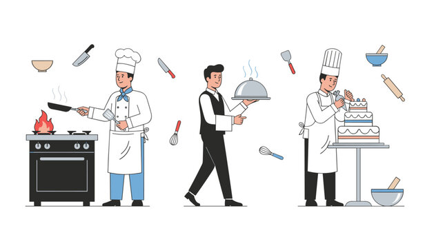 Group of professional restaurant chefs cooking, serving hot meals, and decorating cakes in a busy kitchen.