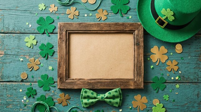 A beautifully rustic wooden frame is artfully arranged with vibrant shamrocks glittering gold coins and a traditional leprechaun hat on aged blue
