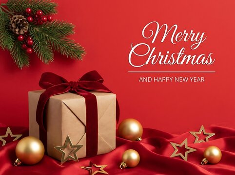 Christmas gift box with velvet ribbon and gold ornaments on red
