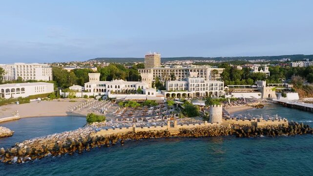 Villa Chinka hotel and beach Saints Constantine and Helena resort aerial sunrise drone view Black Sea Varna Bulgaria stock footage