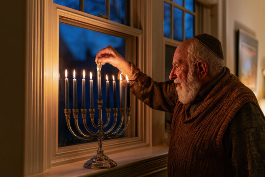 Senior man with a white beard lighting Hanukkah candles on a windowsill at dusk