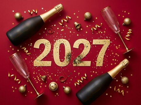 New year 2027 celebration background with champagne bottles and