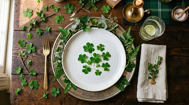 Elegant overhead view of a place setting with a white plate adorned with fresh green clover leaves and gold accents