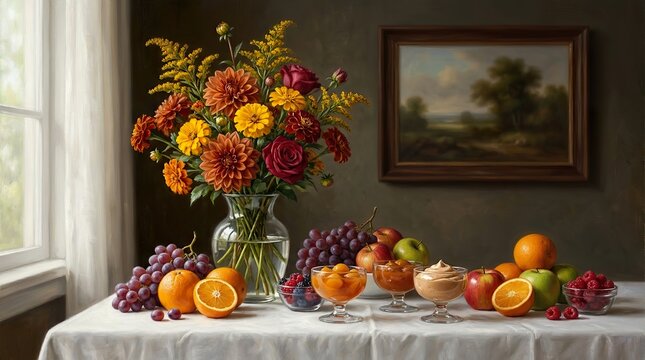 Still life arrangement featuring vibrant autumn flowers seasonal fruits and a classic landscape painting in a dimly lit room