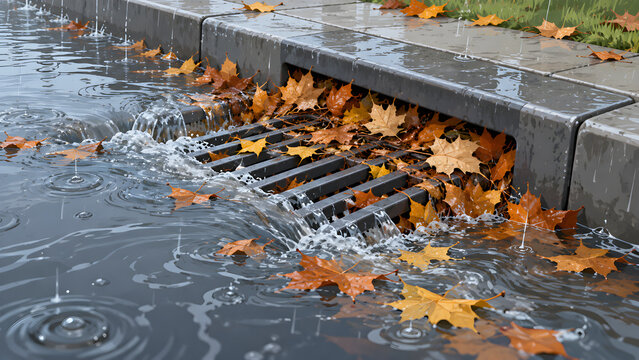 Storm drain clogged with autumn leaves during heavy rain on city street