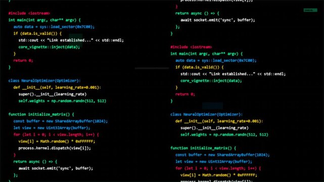 Software source code displayed on black background with syntax highlighting for programming development, debugging, engineering, web technology