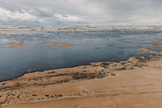Oil fuel pollution, showing environmental damage to marine waters and shoreline