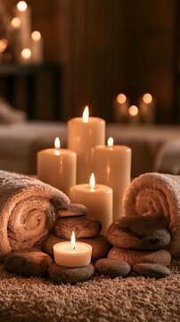 A peaceful spa scene featuring burning candles and smooth stones