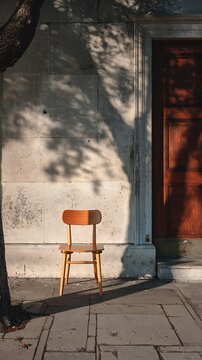 A single wooden chair standing on pavement outside old doors