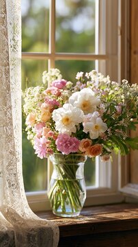 Beautiful bouquet of mixed pastel flowers in glass vase