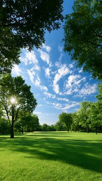 Beautiful sunny park scene with bright trees and soft sky