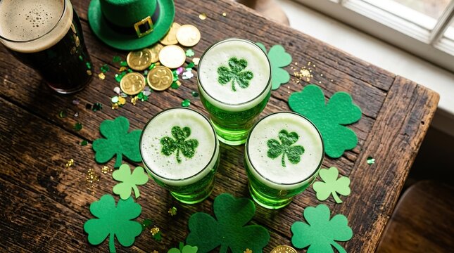 Festive st patricks day celebration with shamrock cookies gold coins and a green pitcher on a rustic surface