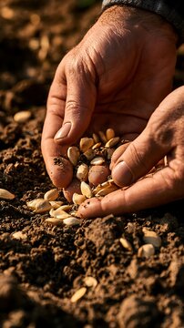 Farmer hands planting seeds in rich dark garden soil bed