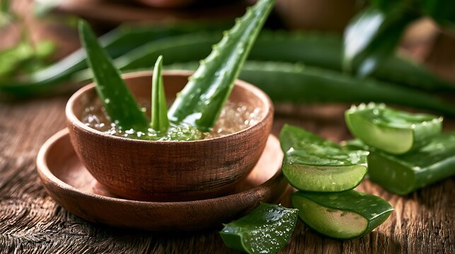 Fresh aloe vera gel in wooden bowl with slices