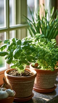 Fresh aromatic green basil and parsley plants in clay pots