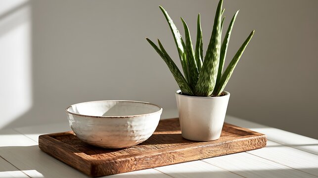 Fresh aloe vera plant in white pot on wooden tray