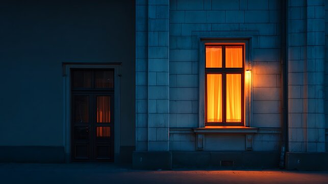 Glowing illuminated window shining bright light on dark building facade at evening time