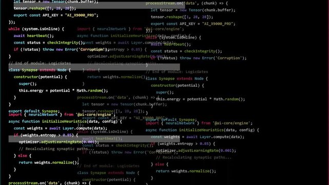 Scrolling lines of computer source code on a dark screen representing software development, programming language syntax, digital data, backend engineering, cybersecurity