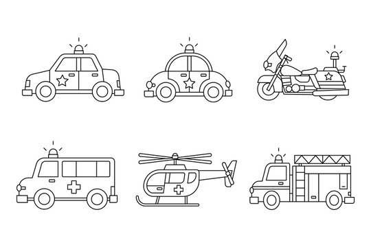 Emergency Service Vehicles Outline Set, Police Car, Ambulance, Fire Truck, Police Motorcycle and Rescue Helicopter