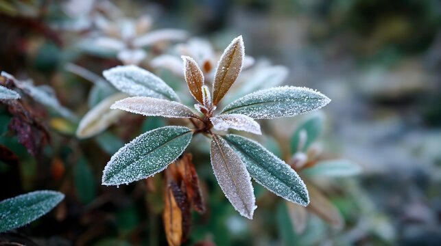 Green leaves covered in morning frost during winter season