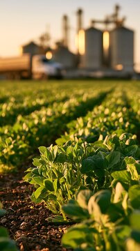 Green soybean sprouts growing in a large agricultural field at sunrise with industrial grain silos