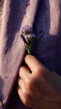 Hand holding small flower bouquet on rustic purple linen fabric