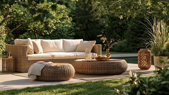 Luxury wicker outdoor sofa set on a sunny patio garden