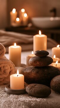 Peaceful meditation space with warm candles and stack of smooth river stones