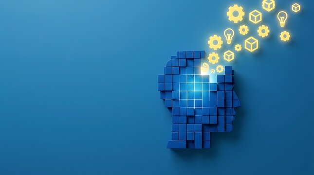 Human Head Profile Constructed from Blue 3D Modular Tiles with Glowing Gears and Lightbulb Icons Emerging for Artificial Intelligence, Digital Innovation, and Creative Brainstorming Concept