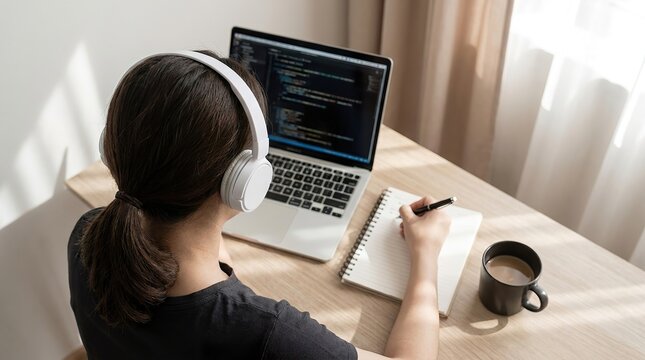 A concentrated young woman with headphones is diligently working on her laptop with a notebook and a cup of coffee nearby