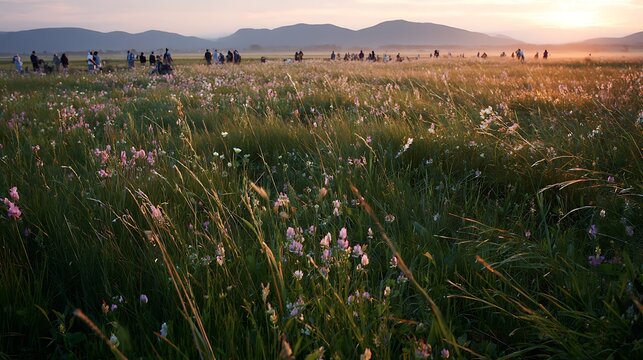 People gathered in a wildflower field during golden sunset