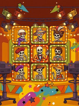 Retro 70s Skeleton TV Game Show Grid Parody with Host and Guests in Lighted Stage Booths