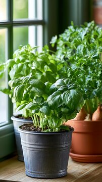 Small metal pot containing fresh basil leaves near window