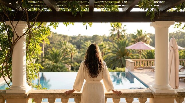 Elegant woman in white dress stands on a stone balcony overlooking a lush tropical garden and sparkling pool