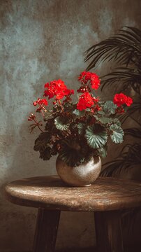 Vibrant red geranium flowers in a ceramic pot on table