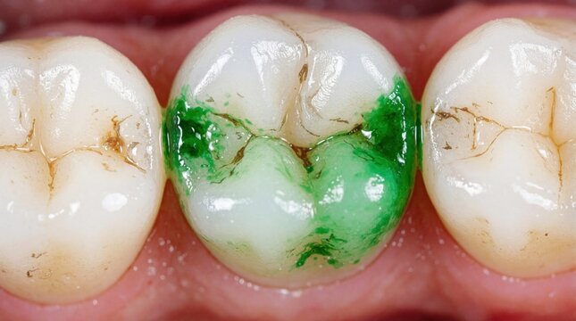 Close up of human molar tooth with green dye indicator. Green liquid marks cavity, plaque on enamel surface. Dentist shows dental decay, caries during checkup. Macro view of tooth hygiene problem in