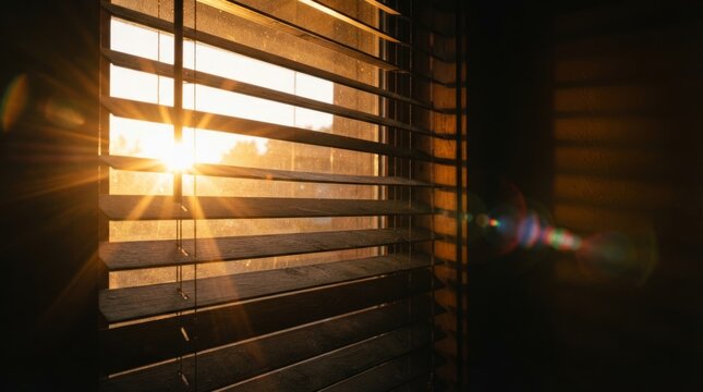 Morning sun rays shining through wooden window blinds, creating lens flare.