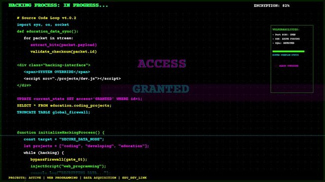 Retro green terminal screen with scrolling source code and access granted system message, ideal for cybersecurity or software development themes