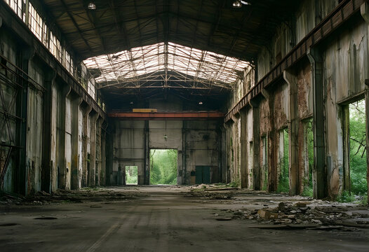 Urban decay and industrial decline, abandoned factory warehouse with overgrown nature reclaiming empty manufacturing space and derelict architecture