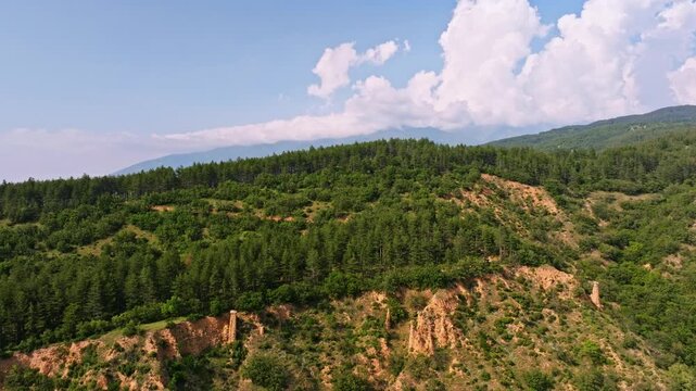 Pine forest and sandstone cliffs aerial view Stob Pyramids area hiking adventure nature landscape Bulgaria travel stock footage