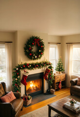 Fototapeta premium Christmas home interior festive holiday living room with fireplace decorated mantelpiece evergreen wreath stockings and cozy winter atmosphere
