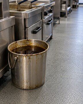 Open bucket of dirty used cooking oil left on commercial kitchen floor creating trip and spill hazard