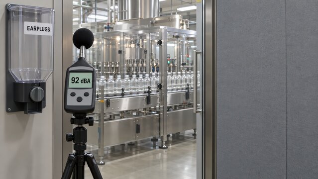 Sound level meter measuring noise level in beverage bottling plant for occupational hearing safety